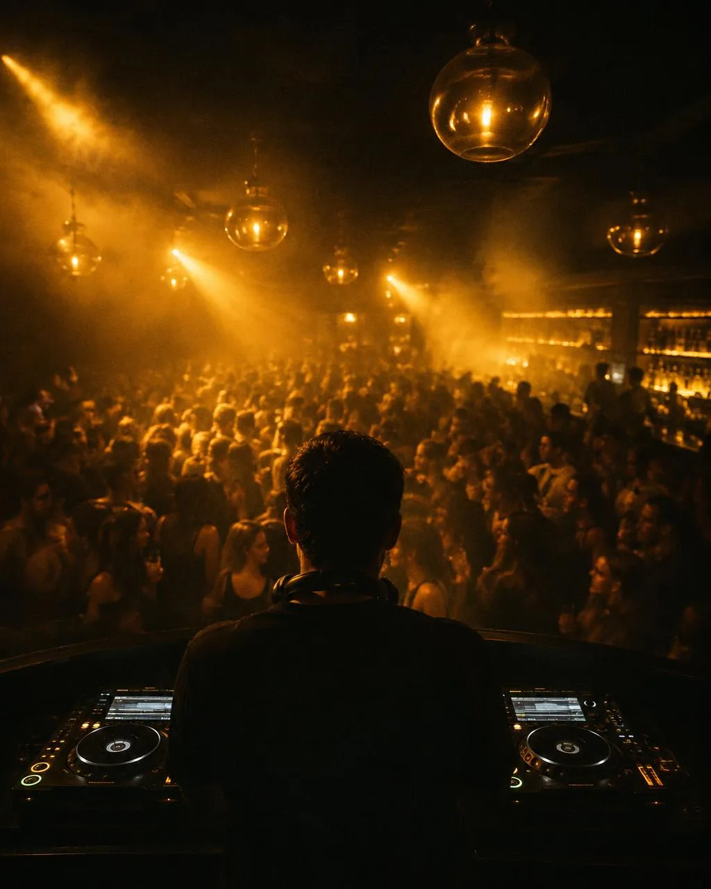 View from behind a DJ booth toward a packed bar crowd in gold light