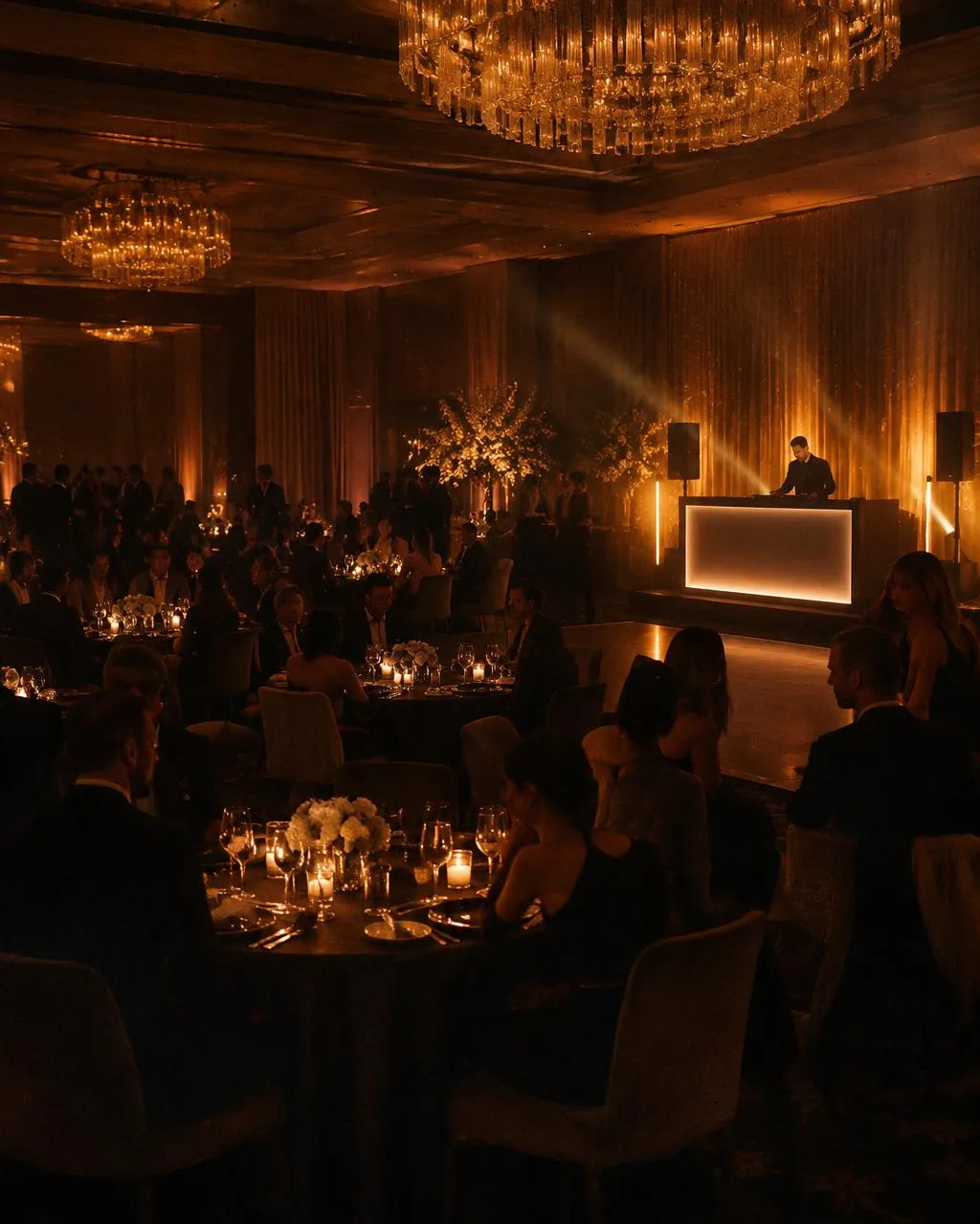Corporate gala room with round tables, candles and a DJ booth in the corner
