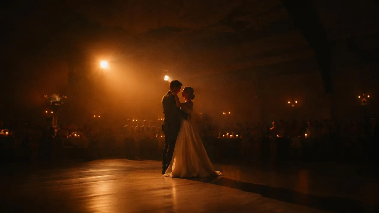 Couple's first dance in a softly lit reception hall