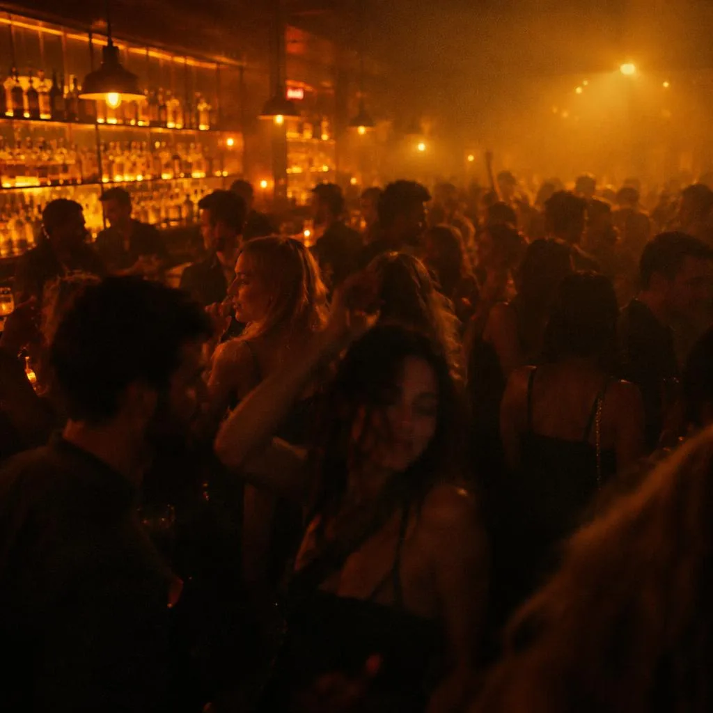 Busy bar night with a crowd dancing in amber haze