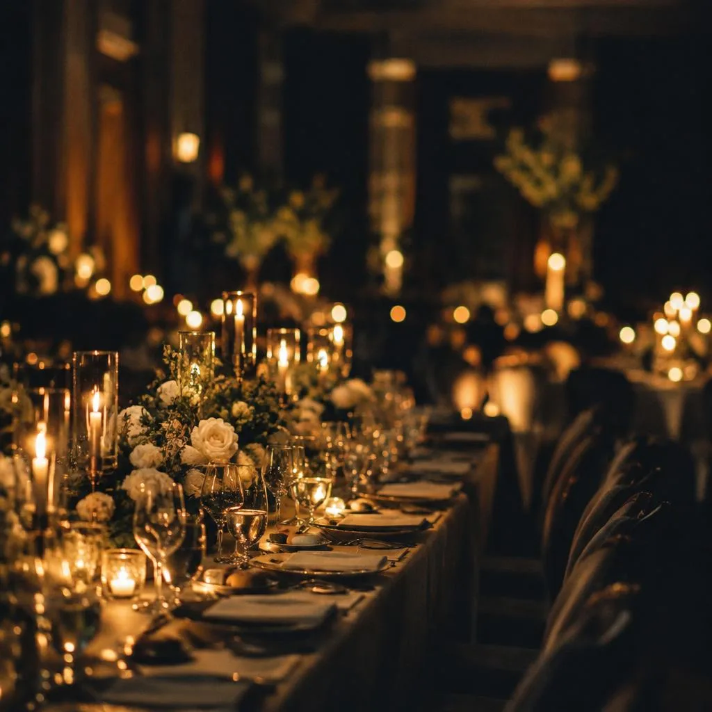 Reception tables set with candles and white flowers