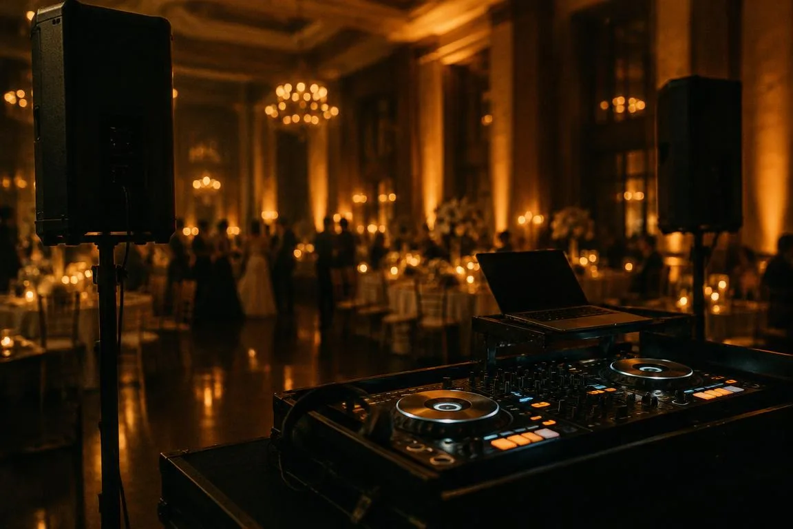 DJ setup with speakers at a candlelit wedding reception