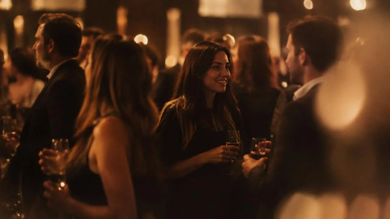 Guests mingling with drinks at a corporate party