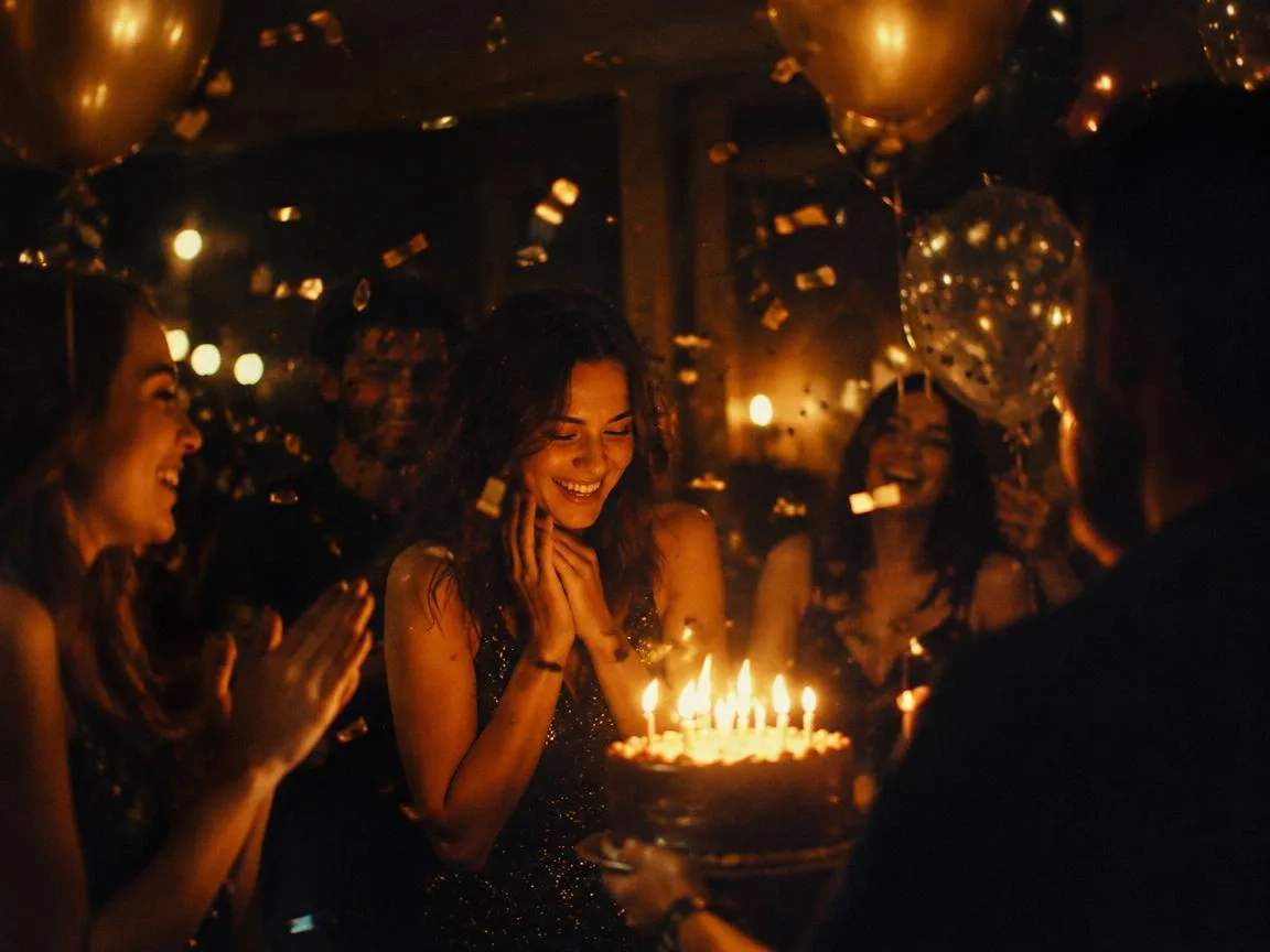 Friends celebrating a birthday with candles, balloons and confetti