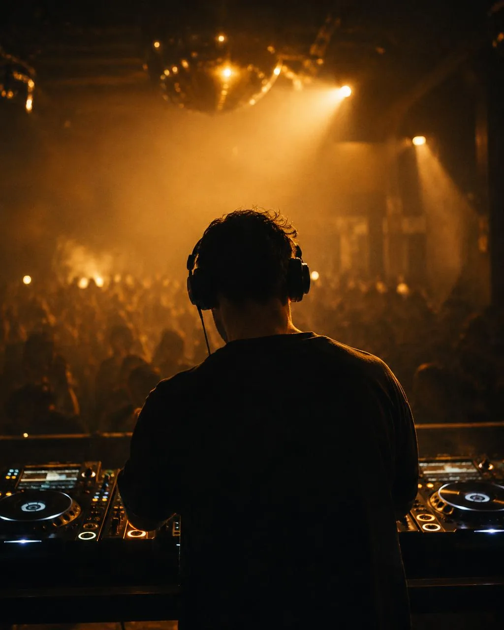 DJ at the decks seen from behind wearing headphones in warm gold light