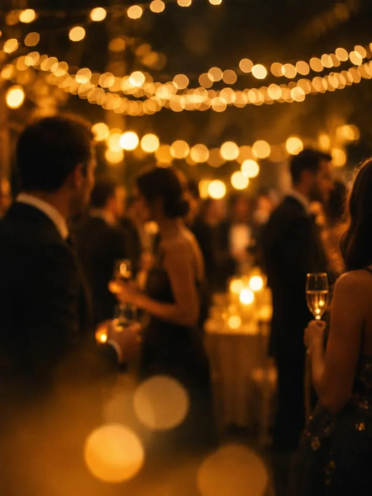 Guests holding drinks under gold string lights at a corporate party