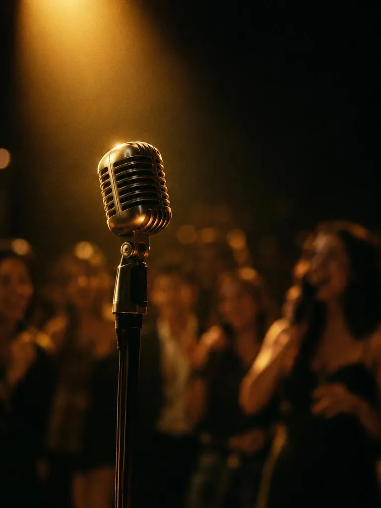 Microphone on a stand in a warm spotlight with a karaoke crowd behind